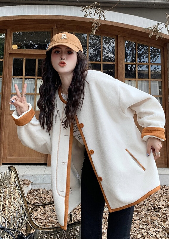 【JH】Color contrast side loose plush short coat 43282# PCZ