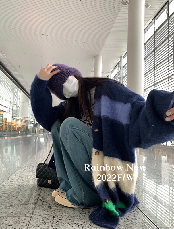 【RAINBOW】Lazy casual Korean knitted cardigan (high-end loose color contrast stripes) 0289# FHX