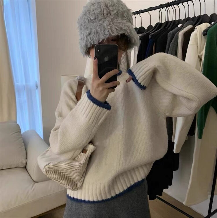 【ARE YOU】Comfortable and warm sweater with round neck color block pullover 713# L