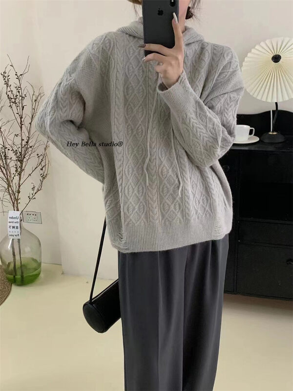 【HEY BELLA】Hooded pullover solid color comfortable and versatile warm sweater B9799# L