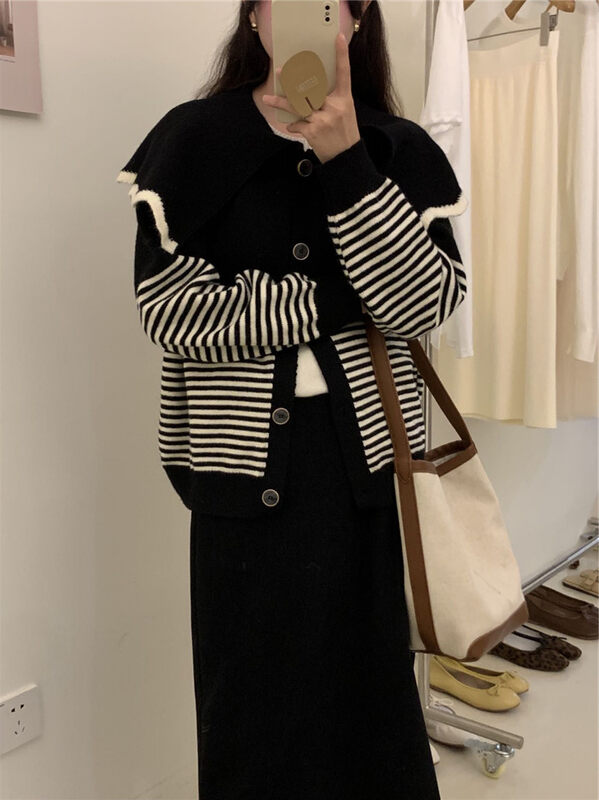 【ARE YOU】Lapel striped comfortable single-breasted warm sweater YS1-659# L