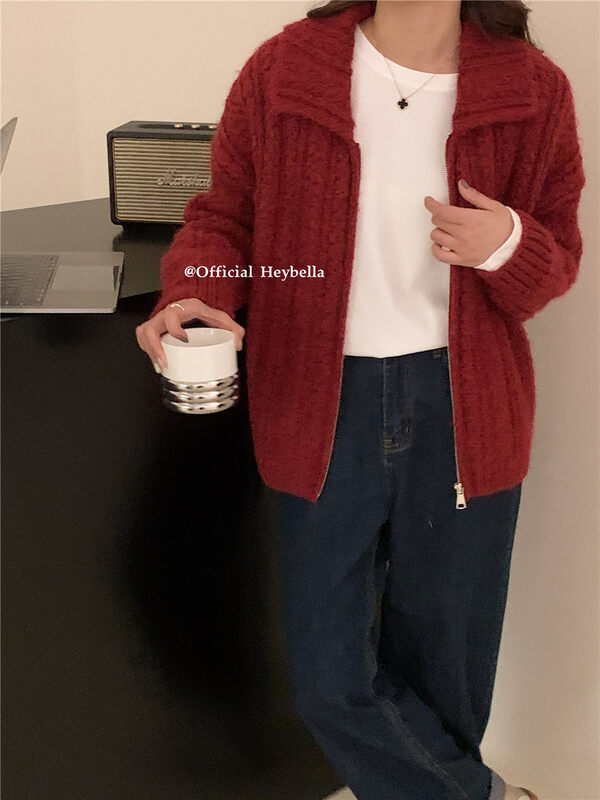 [HEY BELLA] Zipper Solid Color Comfortable Versatile Warm Sweater (Sweater Only) B9878# L