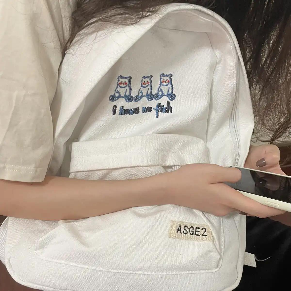 Original ins college wind anti-theft niche student female light and simple bear embroidery canvas backpack schoolbag