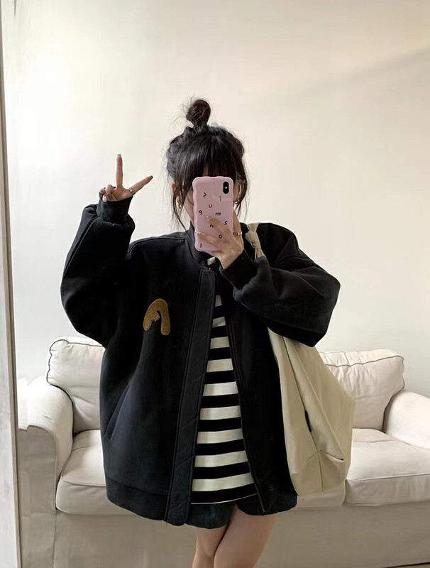 【RAINBOW】Embroidered lamb wool baseball jacket short jacket with embroidered letters craft style 06189