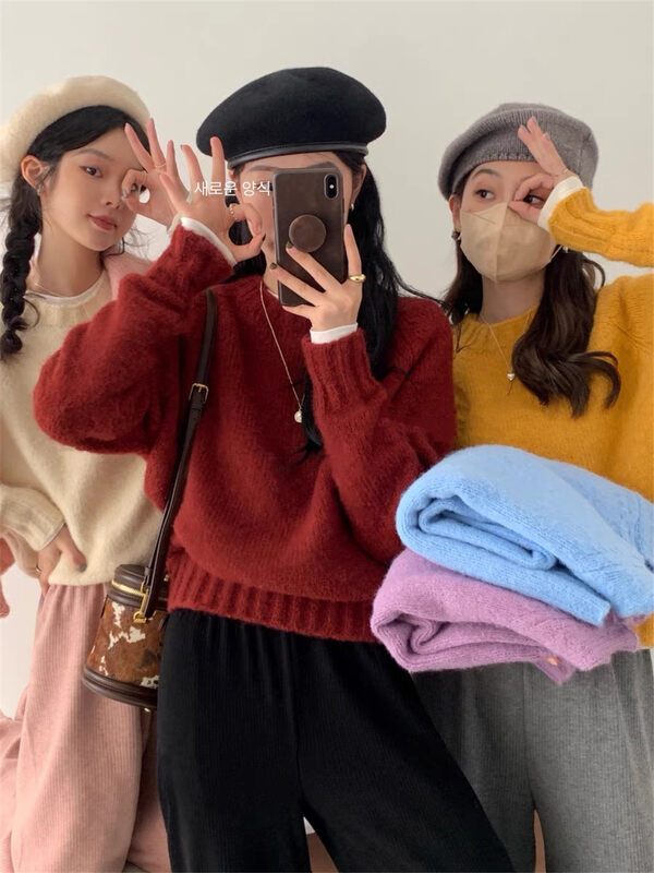 [ARE YOU] round neck pullover loose solid color warm sweater YS1-703# L