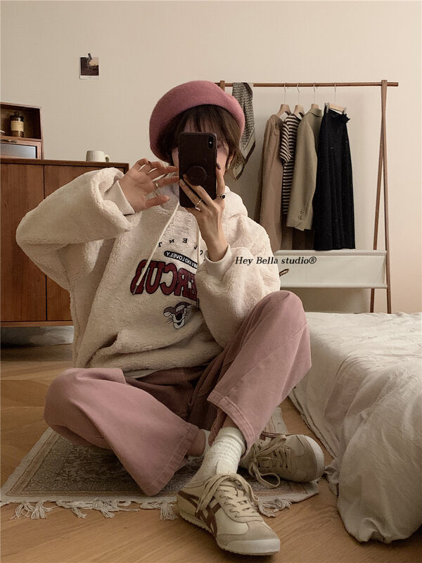 【HEY BELLA】Hooded letters loose pullover comfortable sweater BB6001-1# L