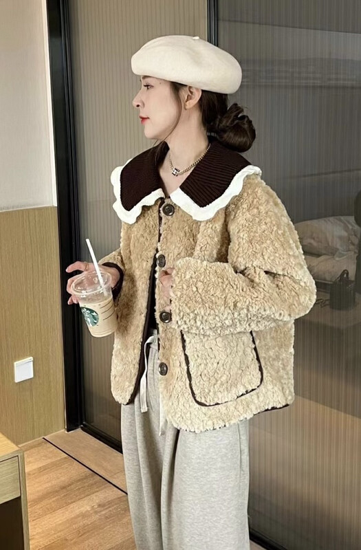 【JH】Korean version stitching doll collar plush short coat (with detachable doll collar) 43277# PCZ