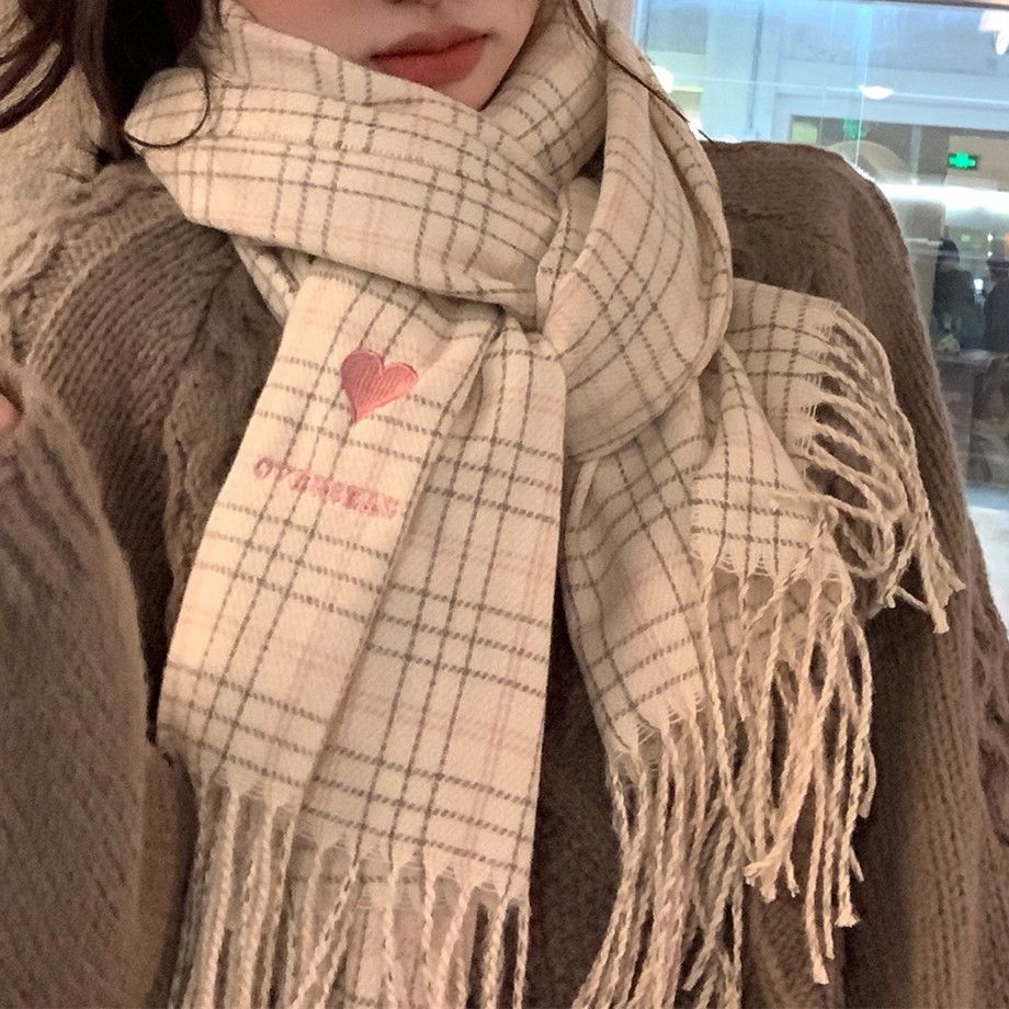 [270g] Embroidered love scarf women's autumn and winter plaid scarf keeps warm and sweet tassels around the student's neck protector against the cold