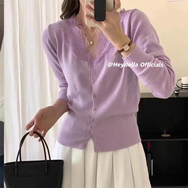 【HEY BELLA】Simple Stitching Lace Short Knit Cardigan 9770# L