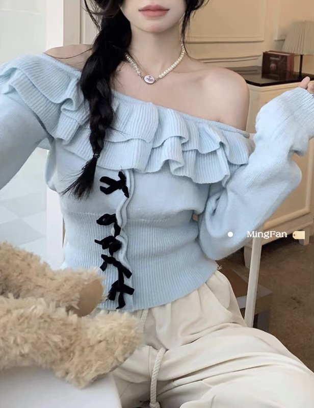 【Blue Show】Pure Desire Lace One-Line Knit Sweater 7672# LSW