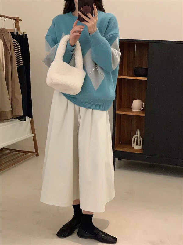 【ARE YOU】Round Neck Plaid Fashion Versatile Warm Sweater YS3-809# L