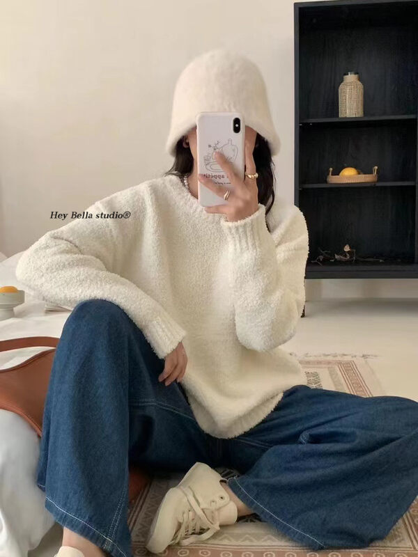 [HEY BELLA] round neck lazy style retro gentle casual warm sweater 9761# L
