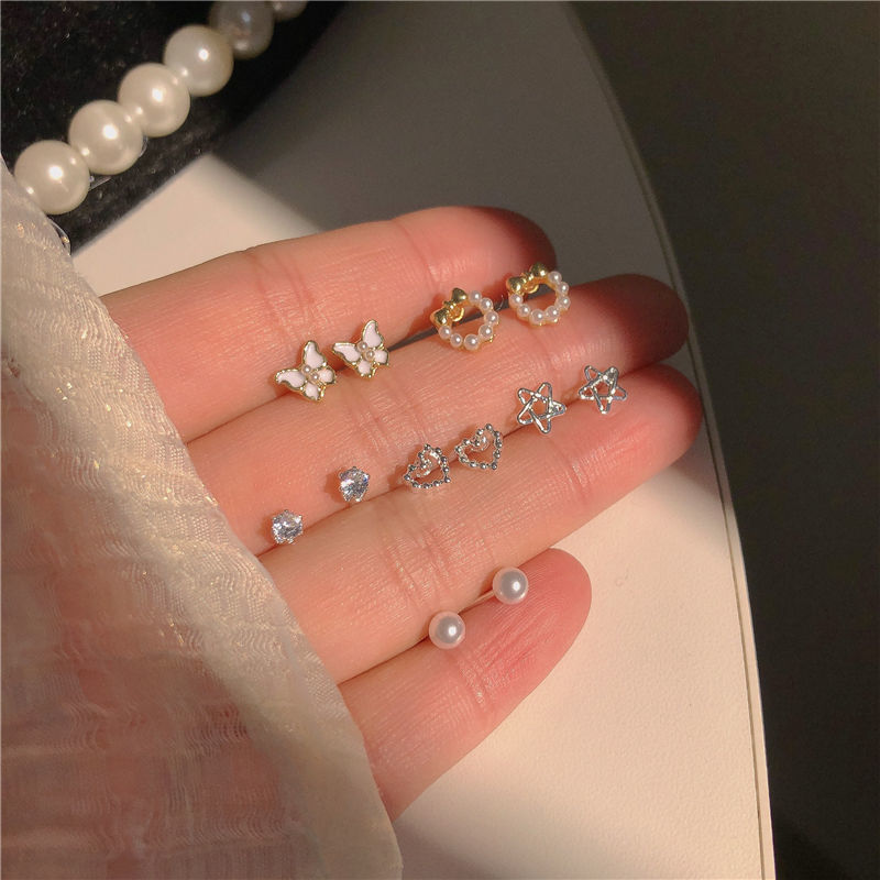 Super Fairy Small White Stud Earrings Set Earrings ~ Bowknot 2022 Early Spring New Star Peach Heart Earrings for Women
