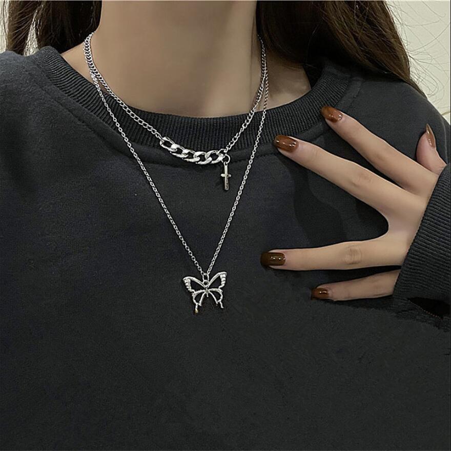 Double-layer stacked butterfly necklace female collarbone chain cross hip-hop trendy cool 2021 new sweater chain accessories