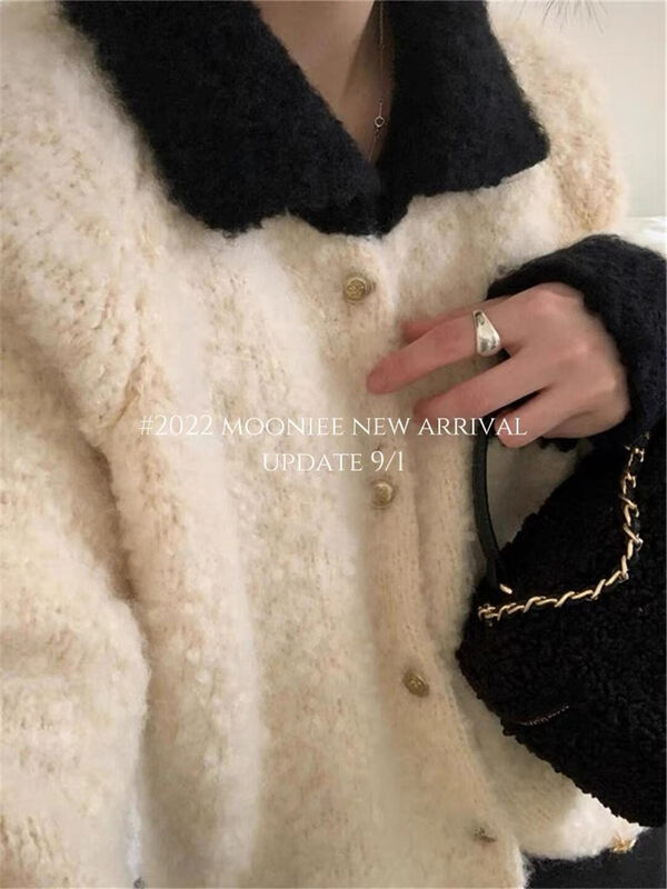 【ARE YOU】Small Xiangfeng Contrasting Color Lapel Loose Texture Knit Cardigan 726# L