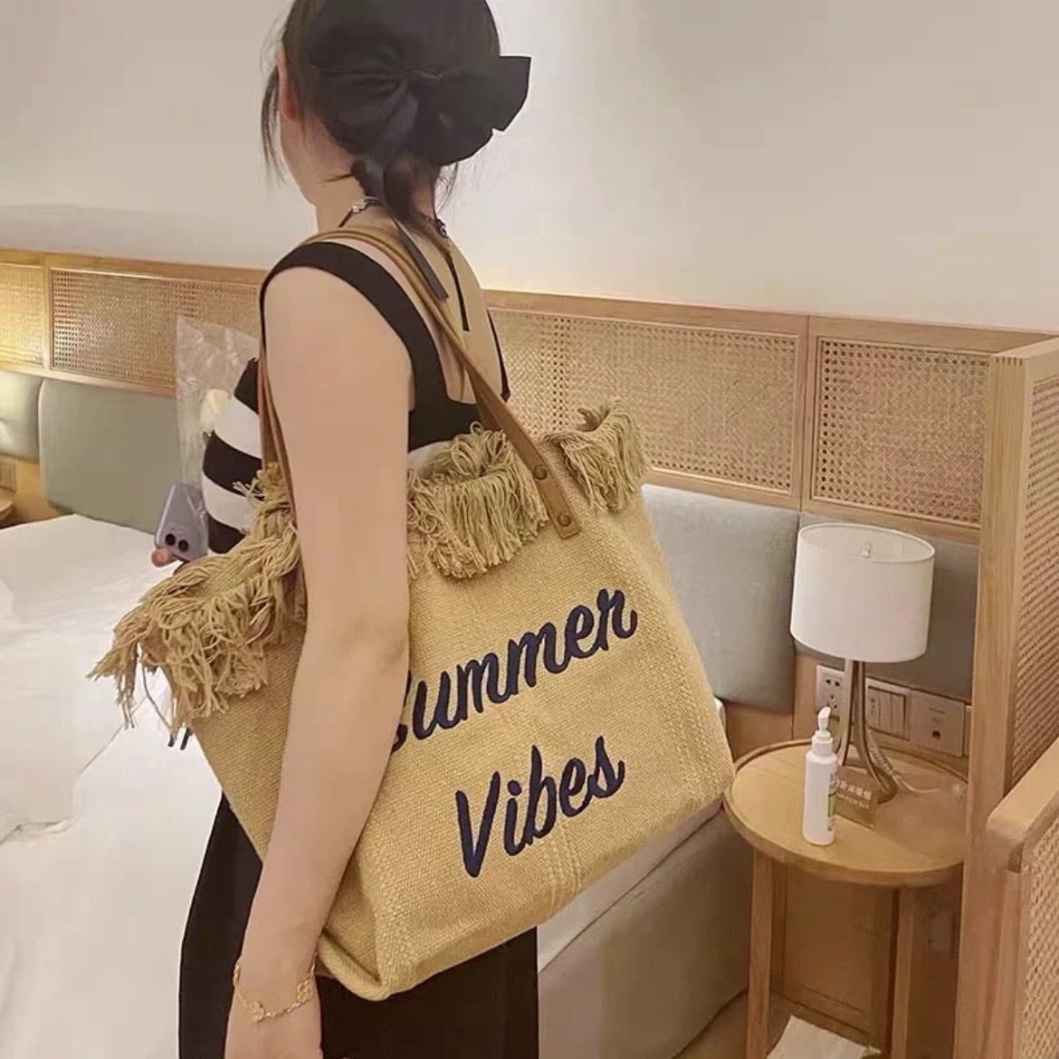 2022 Summer New Tassel Woven Canvas Embroidered Letter Bag Large Capacity Tote Shoulder Bag Universal Women's Bag