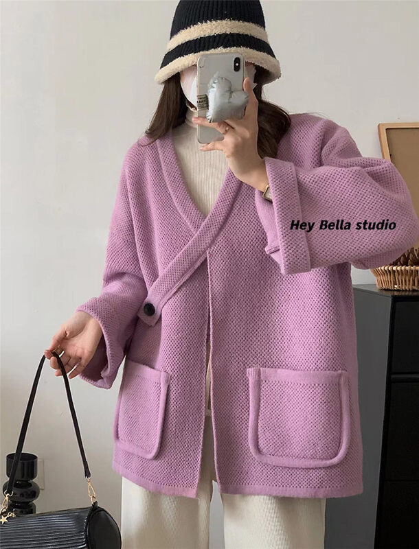 【HEY BELLA】Double-breasted solid color comfortable and versatile warm sweater (sweater only) B9876# L