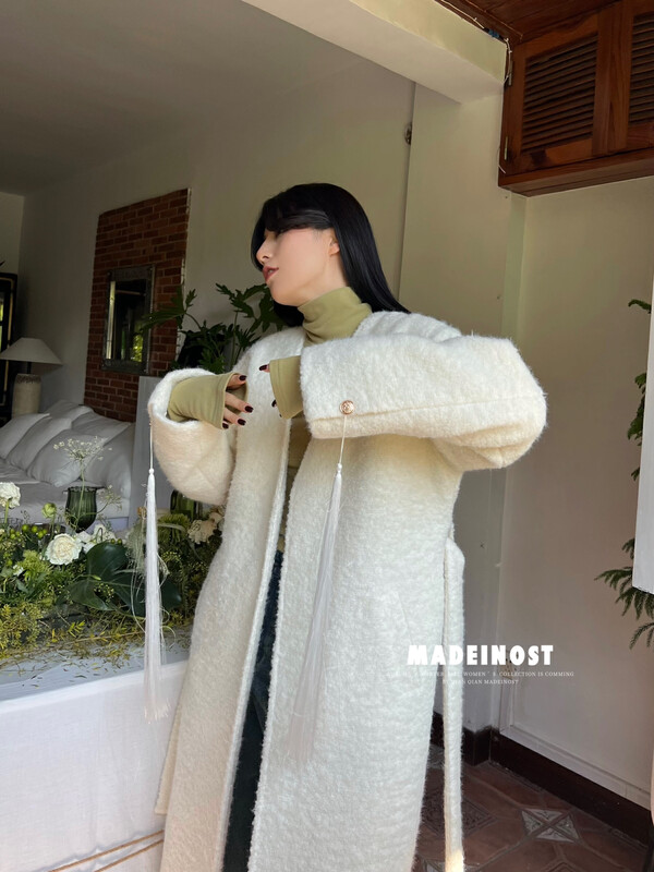 【Osha MADEINOST】Winter New Chinese Style Tassel V-neck Minimalist Wool Long Coat 87331# FHX