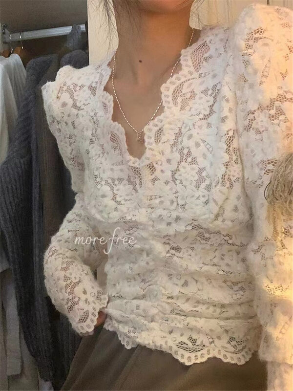【ARE YOU】Lady lace plus velvet short puff sleeve shirt 716# L