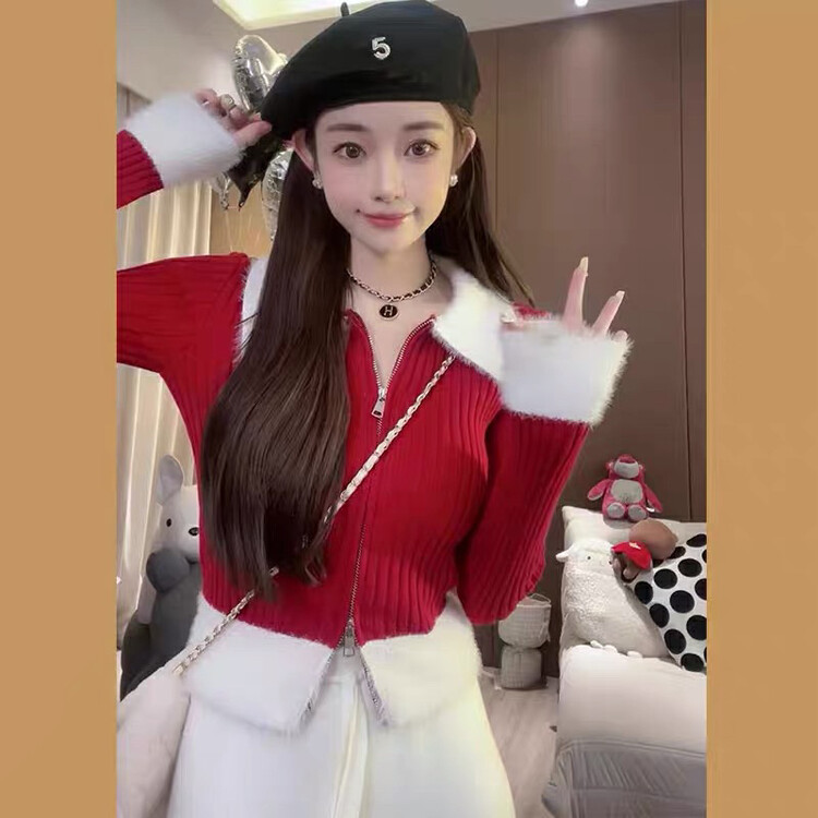 【L.L STUDIO】Pure Desire Fur Collar Splicing Double Zipper Warm Sweater 78539# PCZ