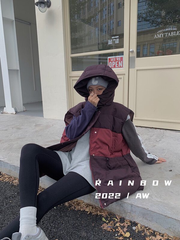 【RAINBOW】DUODUO autumn and winter hooded color matching vest (with waist rope) (loose and thin, versatile zipper to keep warm) YS1-06209# FHX