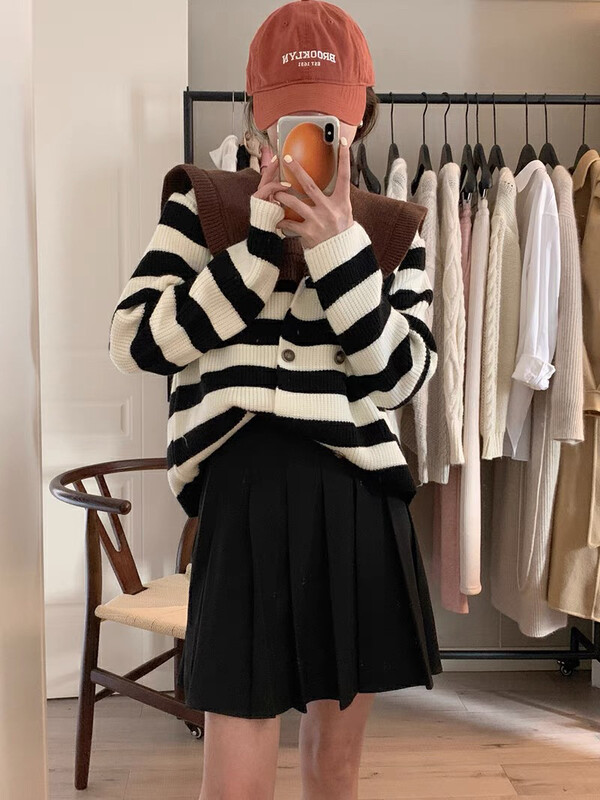 [Blue Show] Navy collar design striped knitted cardigan 7689# LSW