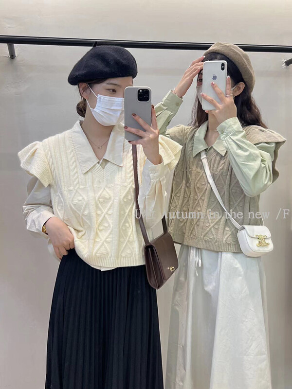 [U granules] Han Dynasty Fei Fei sleeve knitted vest and puff sleeve shirt set (detachable) 3263# FHX