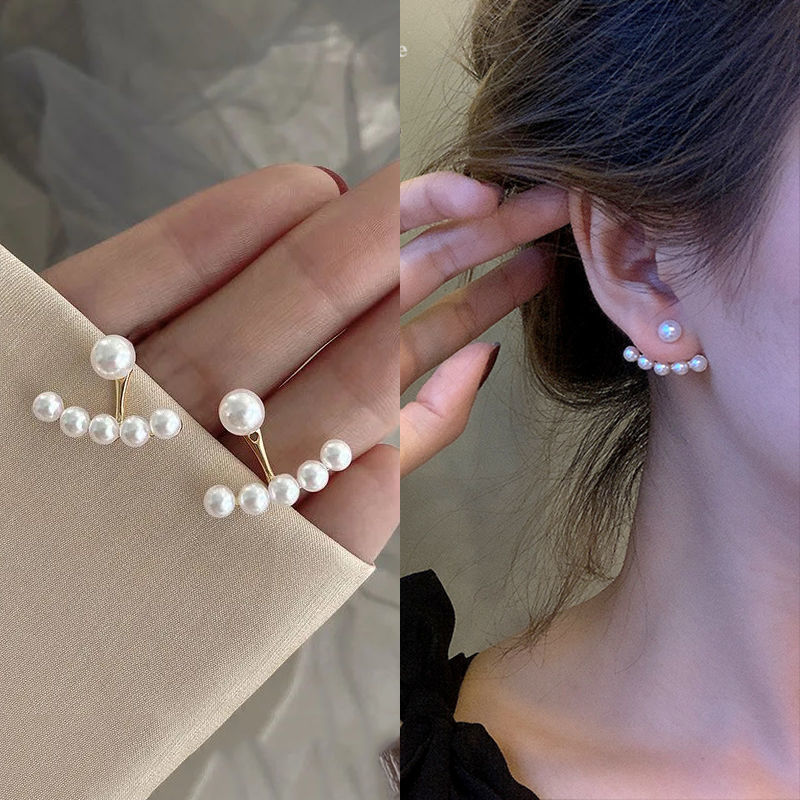 Rear hanging pearl earrings female temperament simple Wang Ziwen same style earring personality small Korean internet celebrity same style trendy