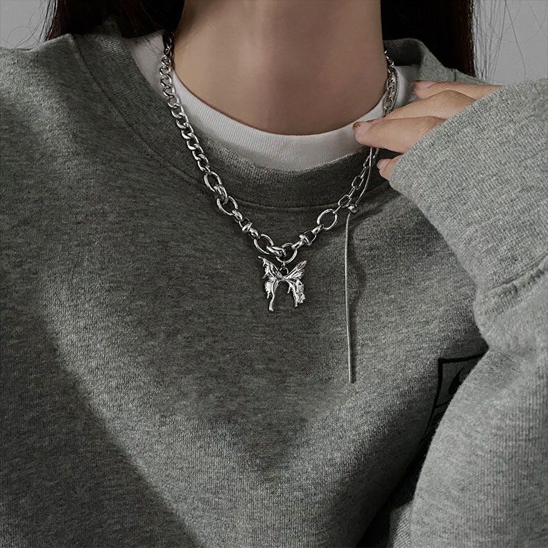 Chain Stitching Butterfly Pendant Necklace Women's Summer 2022 New Niche High-end Personalized Clavicle Chain Accessories
