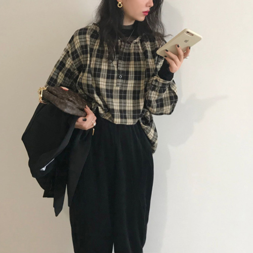 Real shot real price Korean retro simple mix and match loose button round neck Plaid Shirt Top