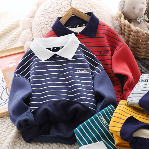 Boys fleece sweater 2021 autumn and winter new children's casual striped POLO shirt foreign style thickened warm top trend