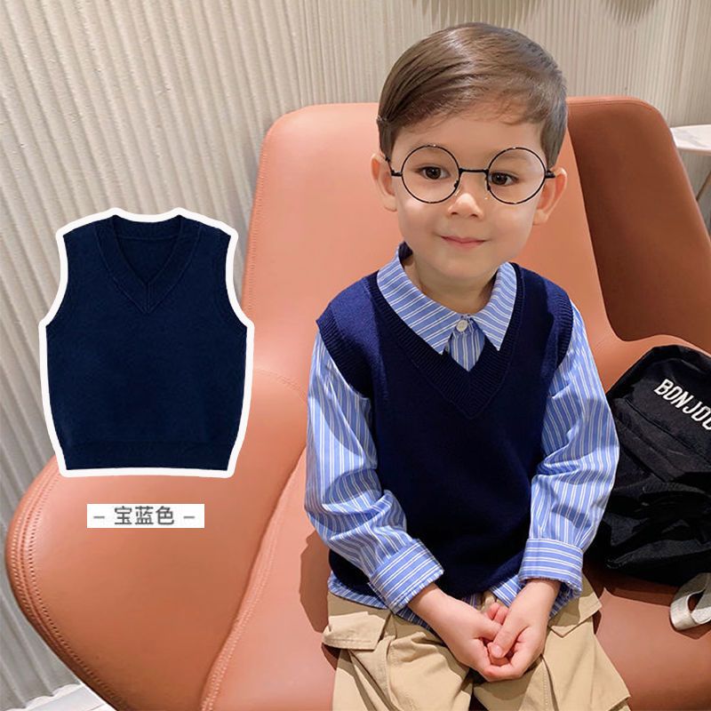 Spring, autumn and summer baby knitted vest boys foreign style all-match vest V-neck outer wear tops children's sweater girls