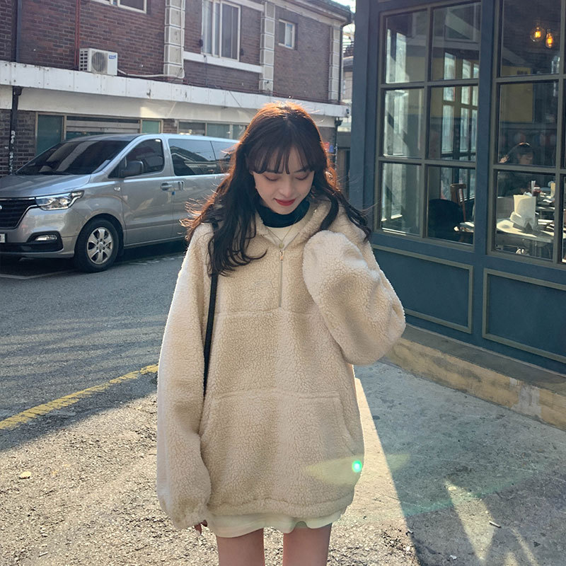 Real shot Korean retro oversize casual lamb hair hooded sweater for women + medium length printed T-Shirt Top