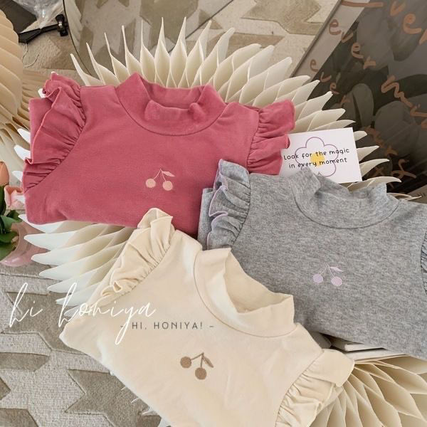 Girls' Korean children's clothing 2022 season new product small cherry embroidery flying sleeves high-necked tops bottoming shirts with German style