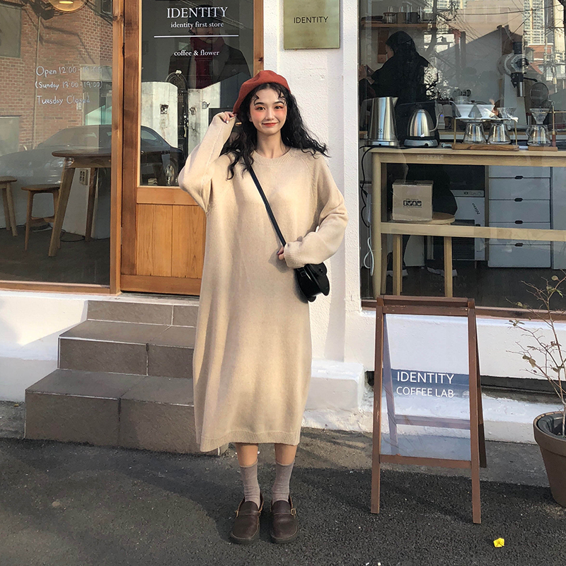Real shot winter Korean new versatile long sweater dress bottoming long sleeve knitted skirt long skirt