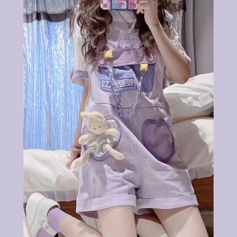 Summer suit female student Korean version Japanese niche design sense splicing purple overalls + short-sleeved T-shirt two-piece set