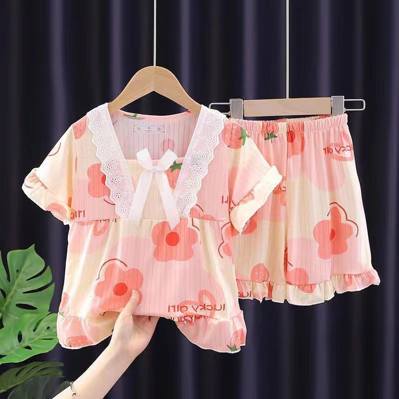 Princess style children's pajamas summer cartoon short-sleeved thin section child girl baby medium and big children air-conditioning home service suit