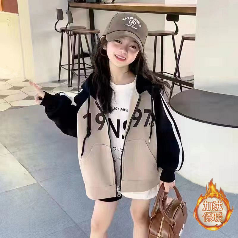 Girls coat autumn and winter foreign style little girl tops medium and large children's outerwear plus velvet casual cardigan hooded sweater