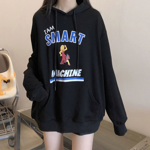 Real photo autumn and winter basic Plush hooded funny letter printed Student Korean lazy thick top