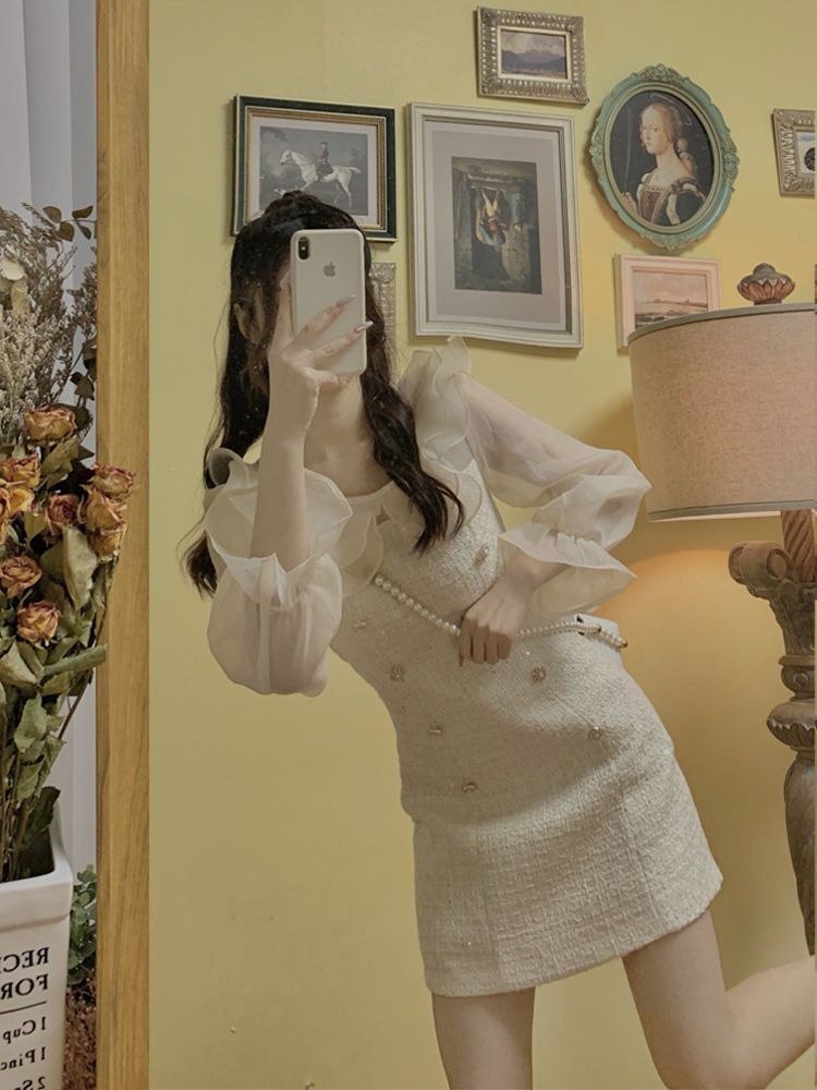 Temperament celebrity goddess fan dress Korean version of high-quality chiffon long-sleeved autumn gentle wear