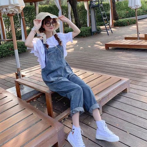 Denim suspenders women's small  new age-reducing foreign style loose and thin Korean version of salt suspender jeans