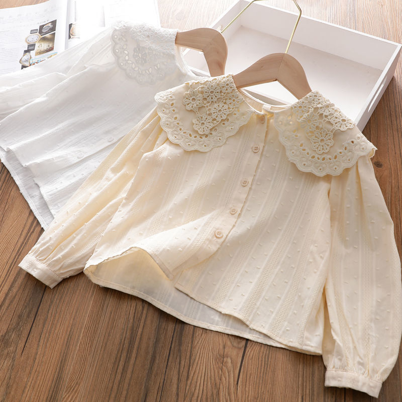 Girls shirt long sleeve 2022 new spring and autumn outerwear baby lace Korean style foreign style shirt loose bottoming top