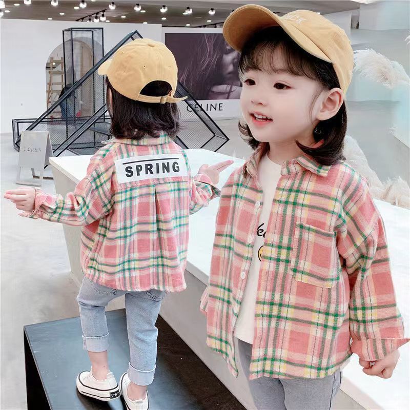 Girls shirt long-sleeved foreign style children's baby plaid shirt children's cardigan jacket pure cotton long-sleeved spring and autumn