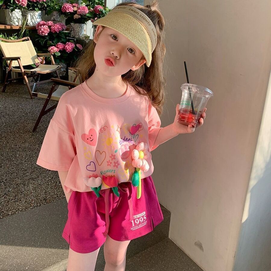 2022 New Girls' Suits Western-style Summer Dresses for Little Girls Short-sleeved Summer Children's Pure Cotton Children's Two-piece Set