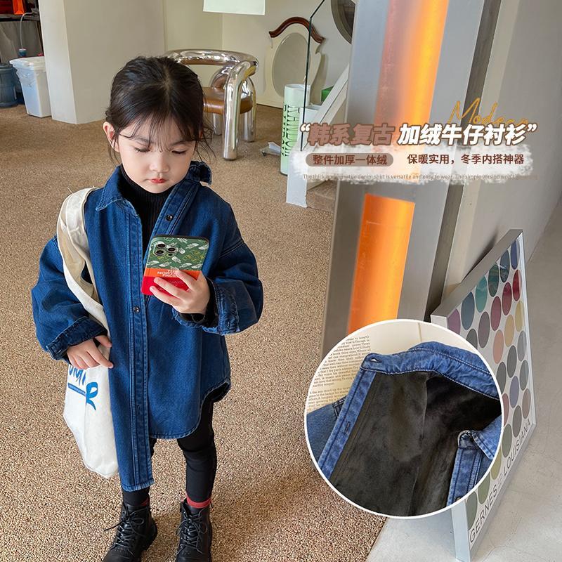 Children's clothing children's coat winter plus velvet thickened denim top girls design sense mid-length shirt warm coat