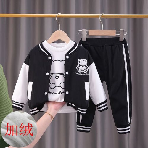 Boys autumn three-piece suit 2022 new velvet clothes thickened pants spring baseball uniform suit male and female baby