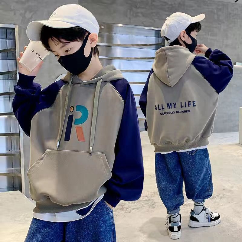 Babyfeet boys spring and autumn sweater 2022 new autumn clothes medium and large children's hooded sweater long-sleeved top handsome