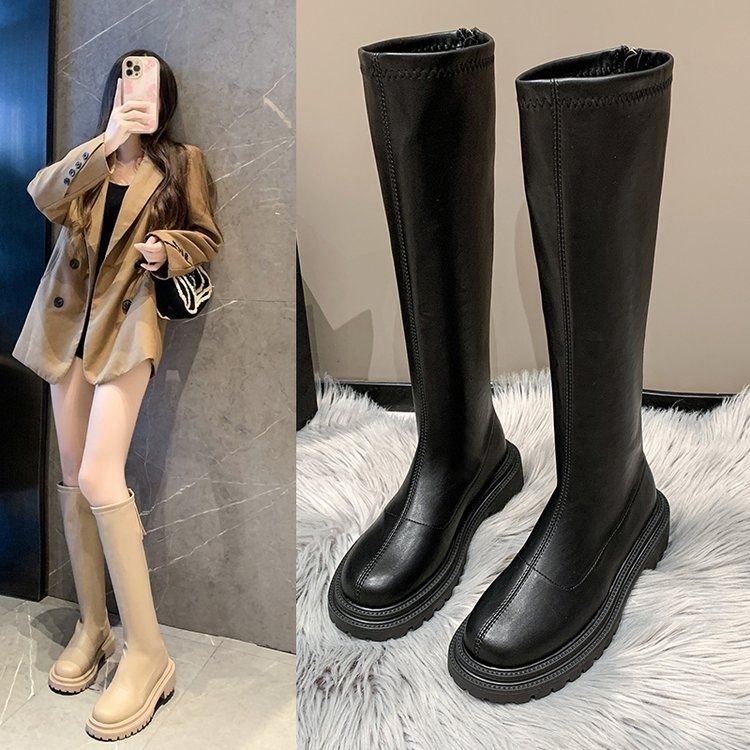Elastic skinny boots women's 2022 new high boots with thick legs and fat mm rear zipper high boots knight boots