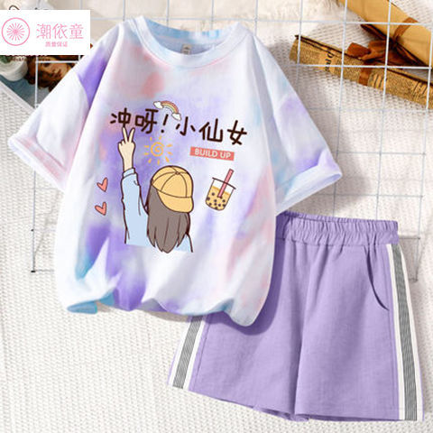 Cotton girls' suit summer 2022 new middle and big boys and girls short-sleeved summer dress western fashion trendy suit