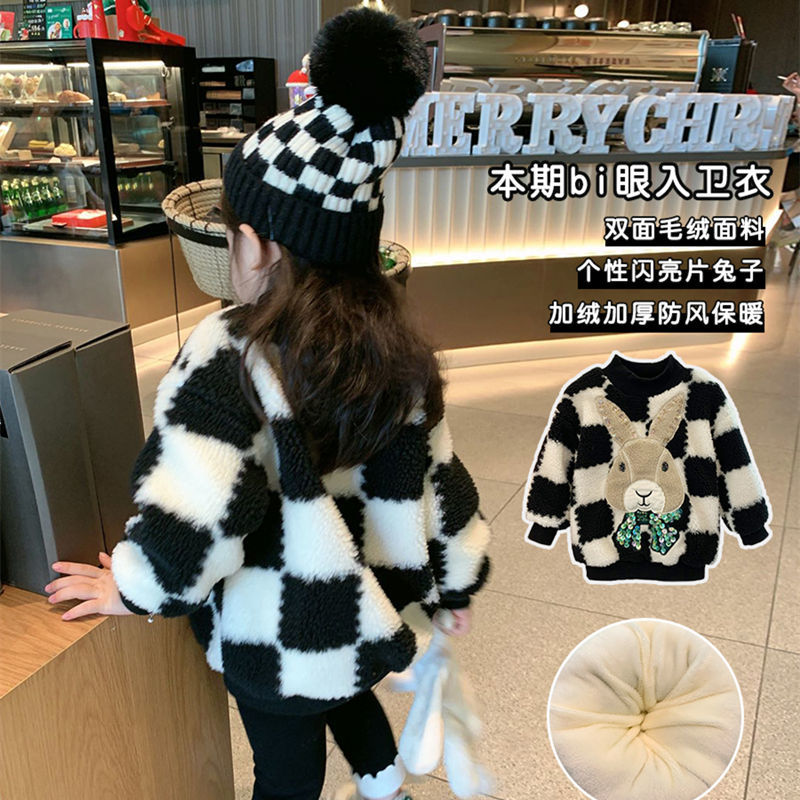 Girls fleece thickened sweater winter children's embroidery cartoon rabbit pullover baby foreign style lambswool top
